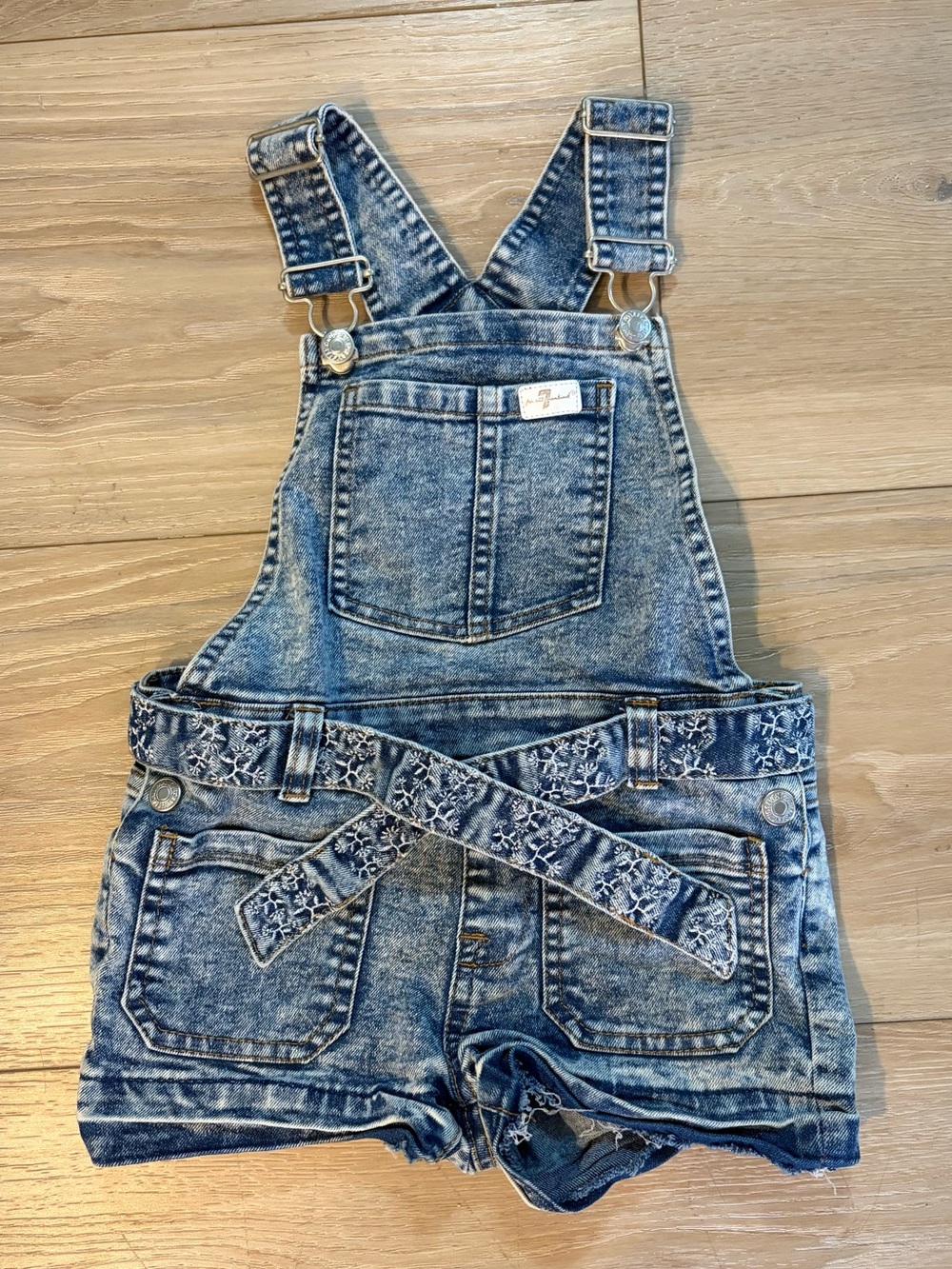 7 For All Mankind Acid Wash Denim Short Overalls - Blue